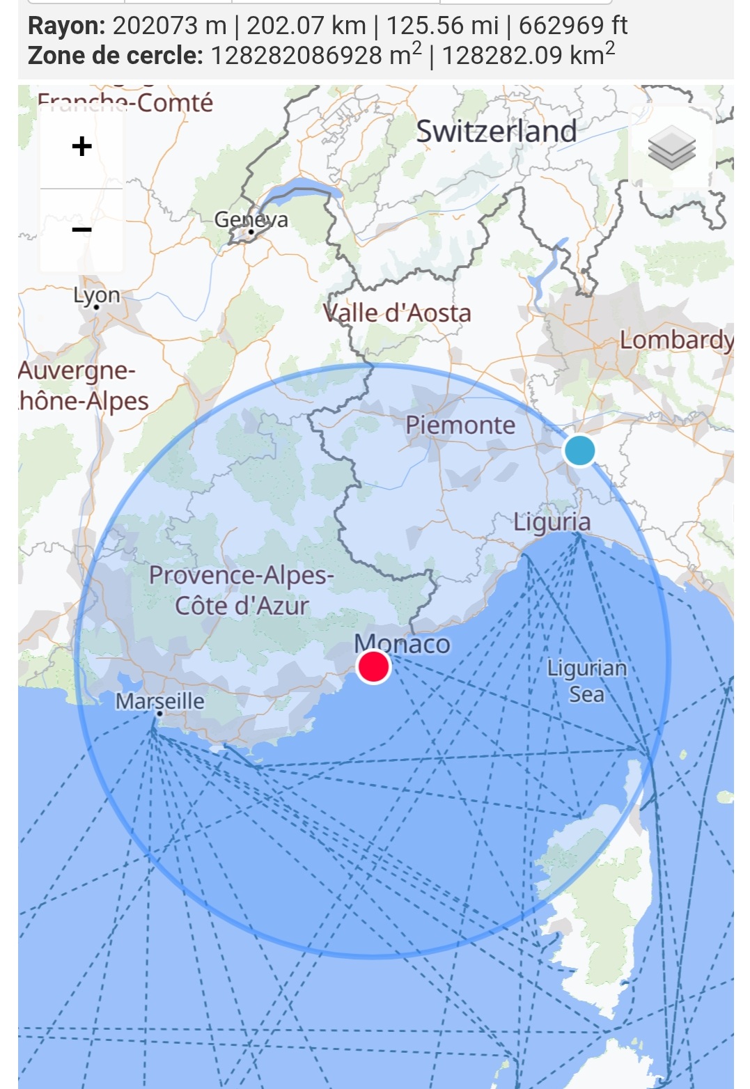 Carte des zones desservies par Taxi Aéroport Nice - Rayon de 200km incluant Marseille, Saint-Tropez, Aix-en-Provence, Monaco, Cannes, Sanremo et Portofino