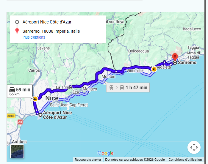 Taxi Aéroport Nice vers Sanremo Carte de l'itinéraire en taxi de l'aéroport de Nice (NCE) à Sanremo Italie - trajet de 65km