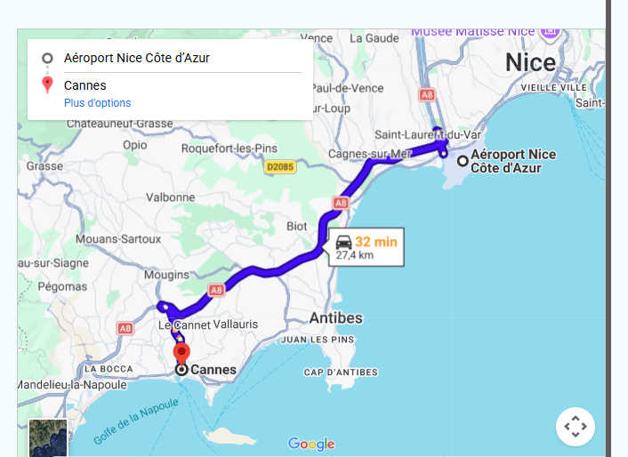 Taxi Aéroport Nice vers Cannes | Transfert Privé dès 70€ – Service 24/7 Carte de l'itinéraire taxi entre l'Aéroport de Nice Côte d'Azur (NCE) et Cannes - Trajet direct via l'autoroute A8.