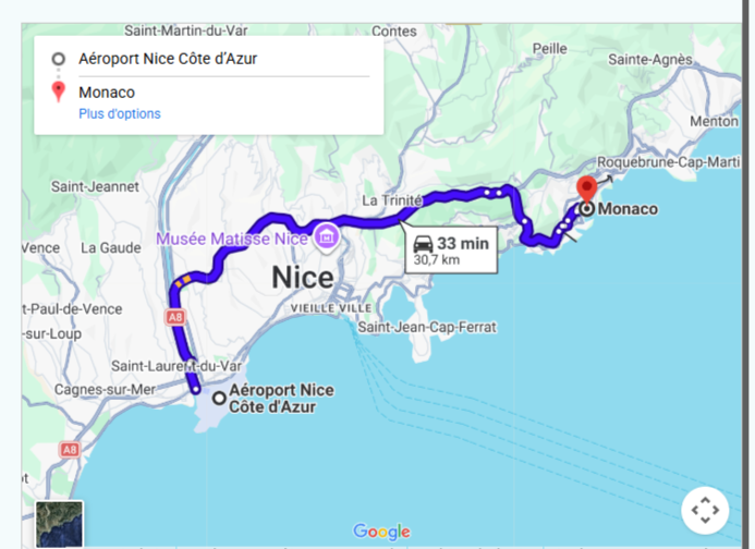 Taxi Aéroport Nice vers Monaco Plan de l'itinéraire taxi de l'Aéroport de Nice Côte d'Azur (NCE) vers Monaco - Trajet rapide via l'autoroute A8.