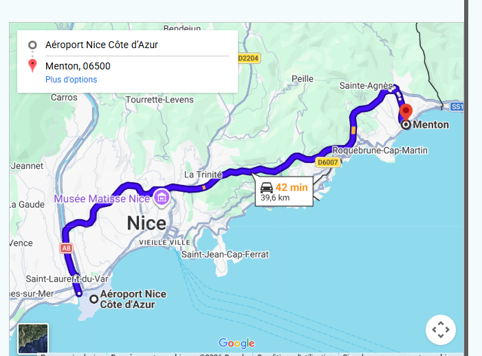 Taxi Aéroport Nice vers Menton Itinéraire du transfert en taxi de l'Aéroport de Nice (NCE) à Menton via l'autoroute A8 - Distance 42km
