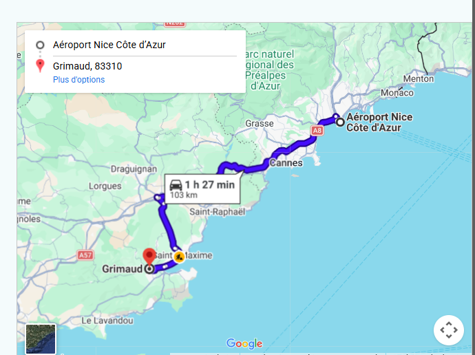 Carte du trajet en taxi entre l'Aéroport de Nice NCE et Grimaud, itinéraire de 103 km via l'autoroute A8