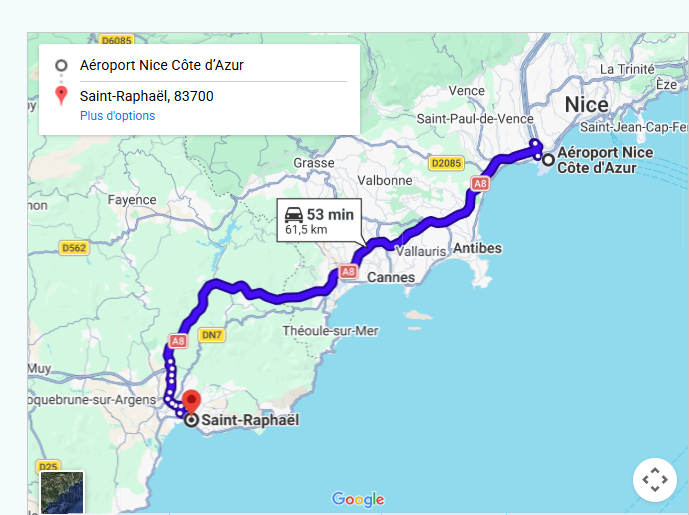 Carte de l'itinéraire taxi entre l'Aéroport de Nice NCE et Saint-Raphaël, trajet de 65 km via l'autoroute A8.