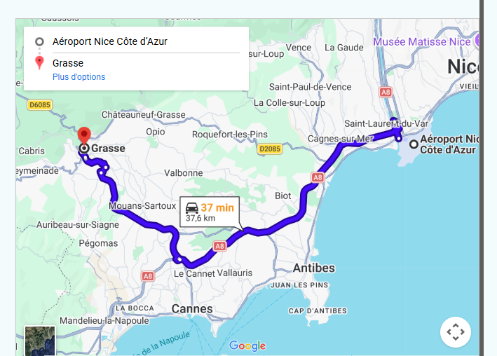 Taxi Aéroport Nice vers Grasse Plan du trajet en taxi entre l'Aéroport de Nice et la ville de Grasse