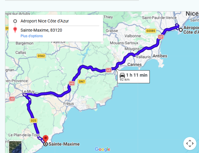 Carte du trajet en taxi entre l'Aéroport de Nice NCE et Sainte-Maxime, itinéraire de 75 km via l'A8