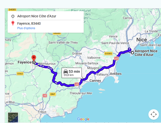 Taxi Aéroport Nice vers Fayence Carte de l'itinéraire en taxi entre l'Aéroport de Nice et Fayence, trajet de 60 km en environ 50 minutes via l'autoroute A8.